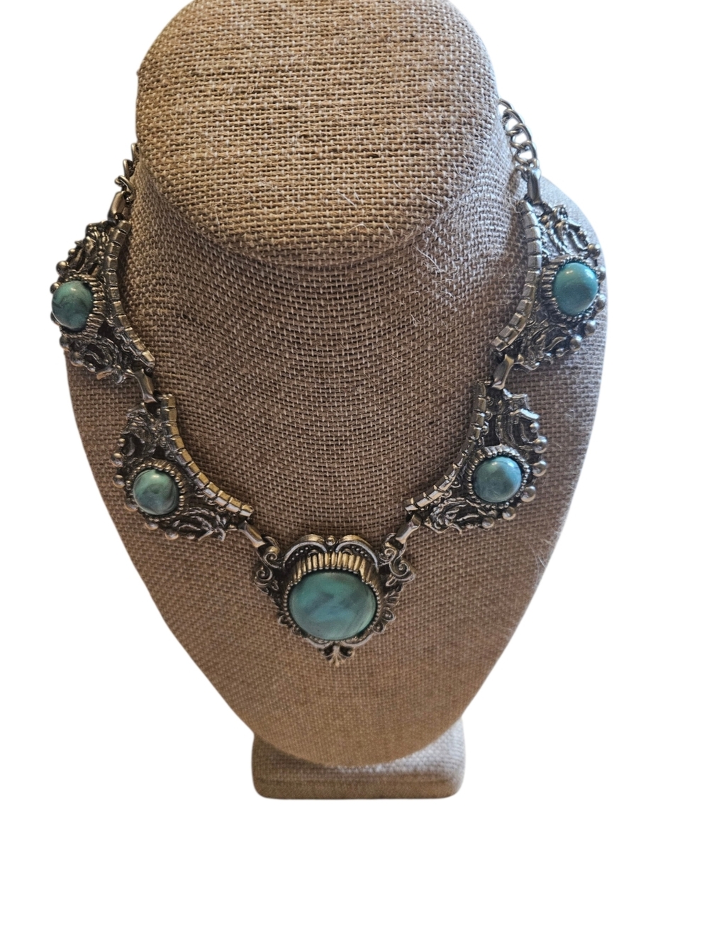 Vtg Turquoise Like Statement Necklace Silver Tone Bib Chunky Boho Western 16.5in